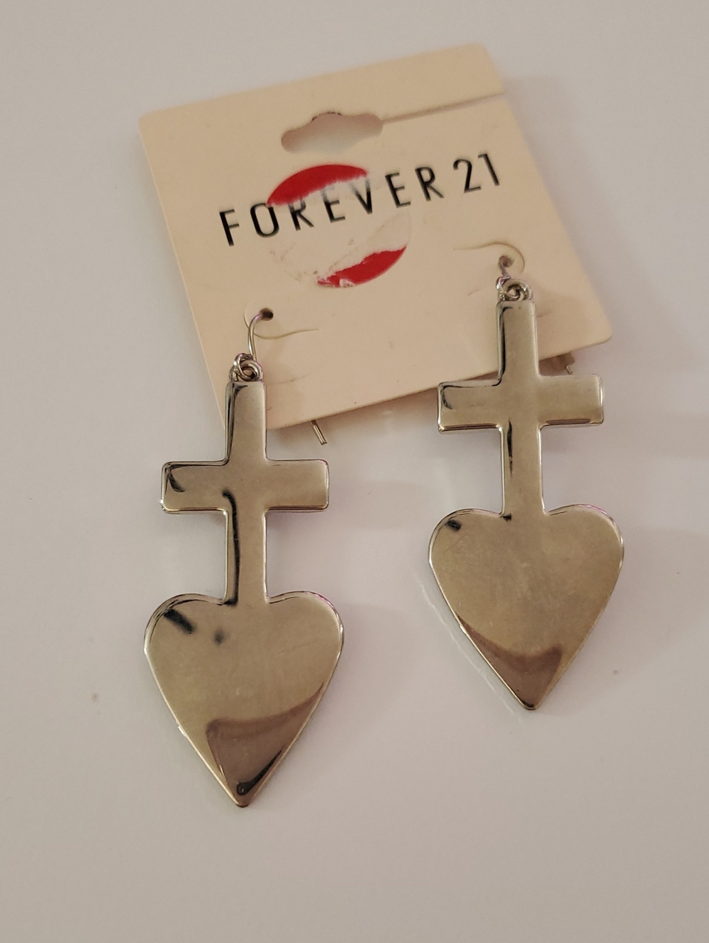 Forever 21 Silvertone Heart and Cross Dangle Earrings NEW